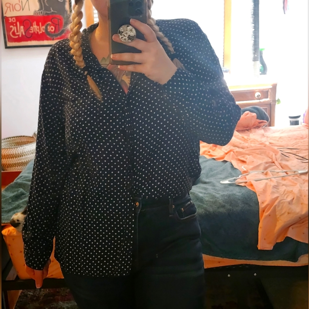 Beach Lunch Lounge Stars and Dots Blue Button up blouse XL